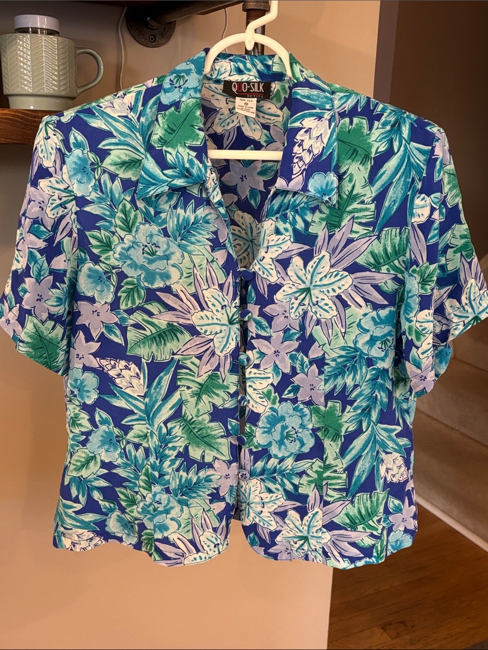 Vintage Quo Silk 100% Silk Tropical Floral Blouse Shoulder Pads Petite Medium